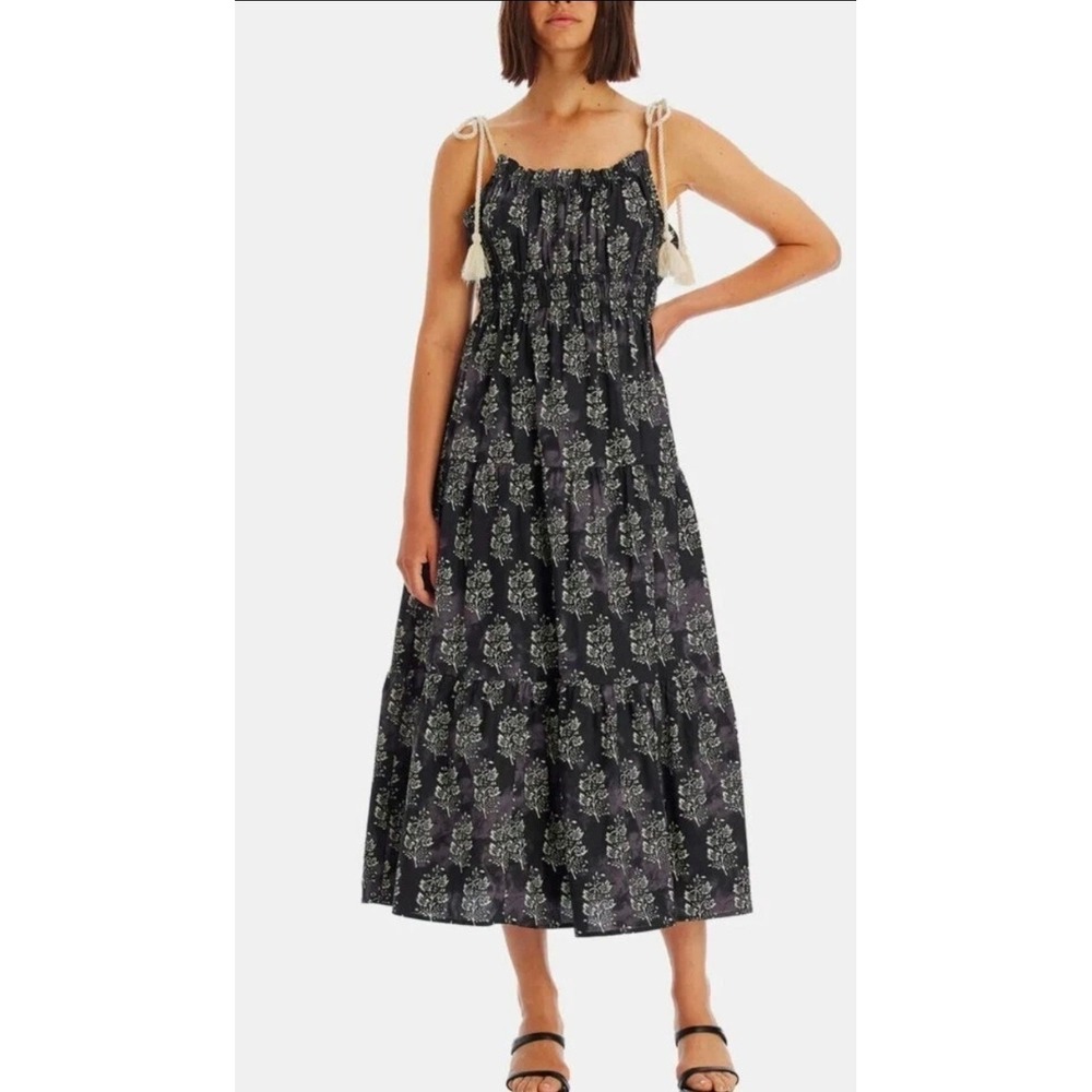 Moon River Floral Tiered MaxiDress M Smock Tassel Beach Boho Coastal Cottage NWT